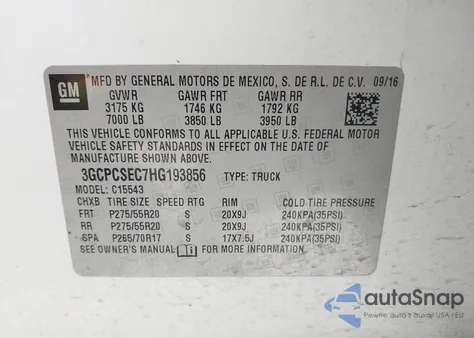 2017 Chevrolet Silverado 1500 1Lz из США, поврежденный, VIN 3GCPCSEC7HG193856